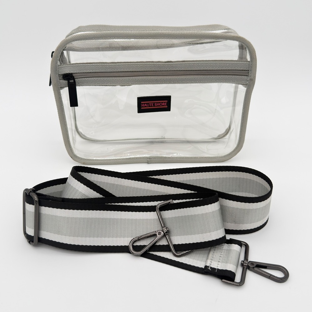 Haute Shore Clear Stadium Crossbody Bag Gray Trim Striped Strap Concert Game Day